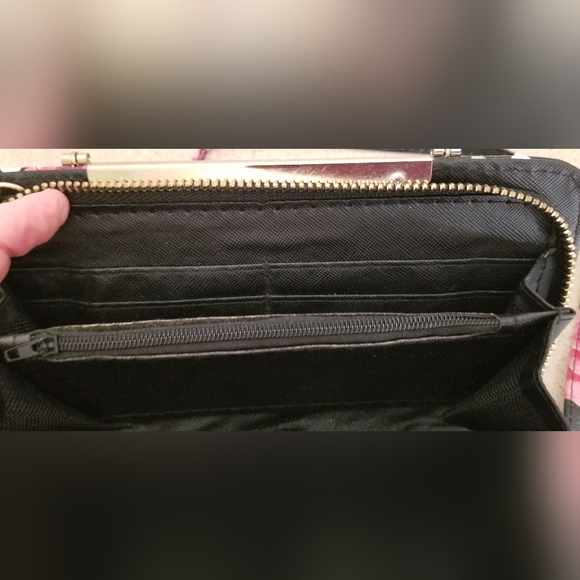 Clutch Wallet Black and Pink Floral Polka Dot Clutch with Chain Strap - Picture 6 of 13